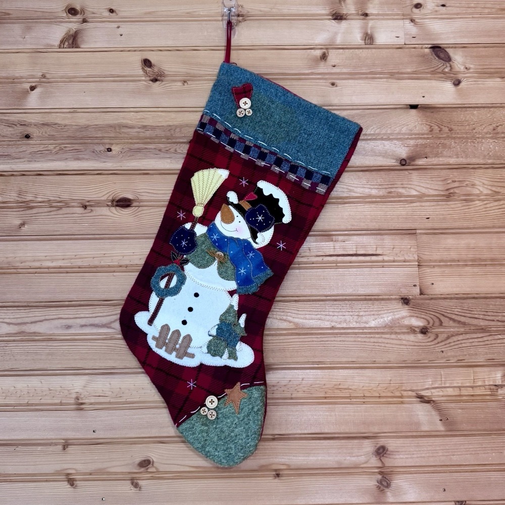 VTG 90s Dan Dee Collectors Choice Christmas Stocking Snowman Plaid Cottage